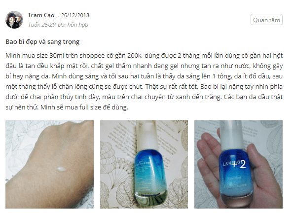 Tinh chất Laneige Water Bank Hydro Essence review chi tiết